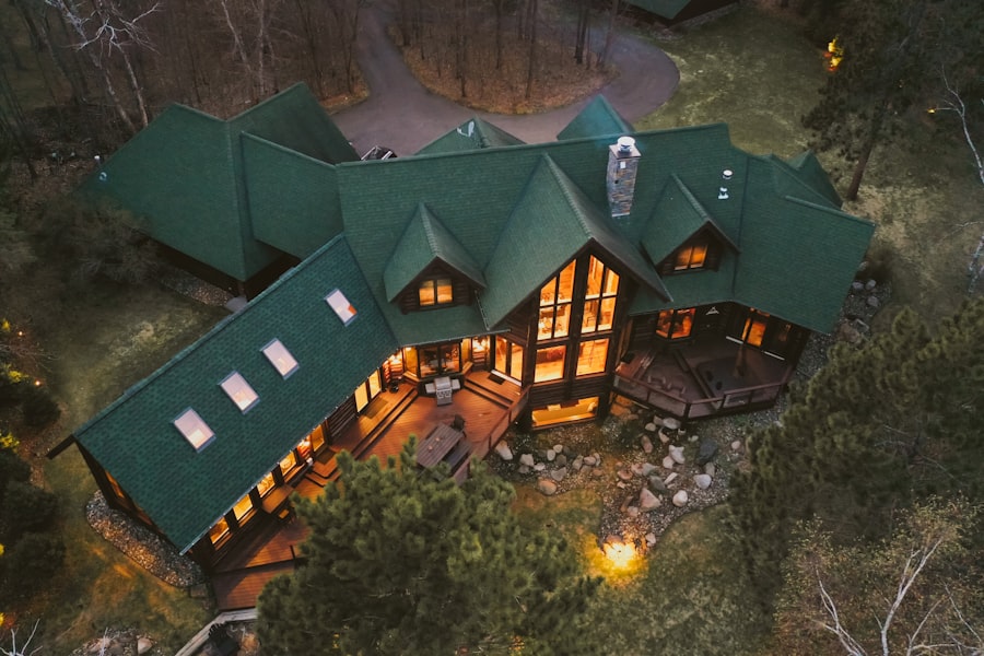 FAA certified aerial drone photo of a large property at dusk